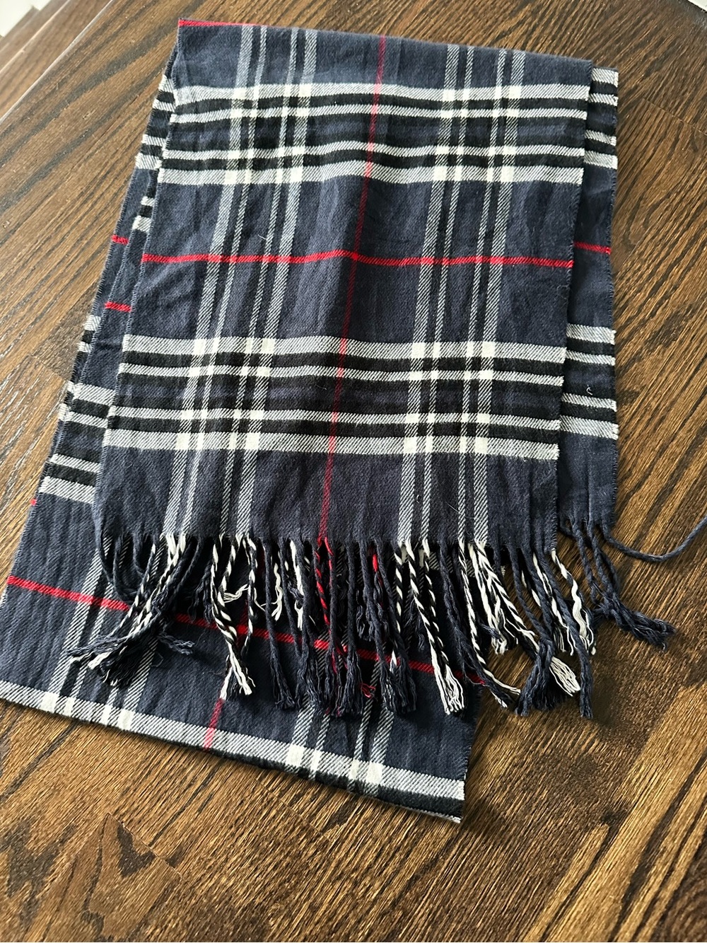Men's Navy Plaid Fringed Scarf with Red Accent